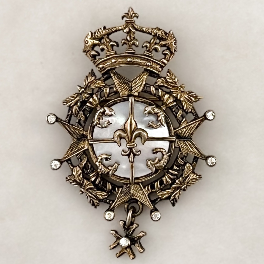 Nettie Rosenstein WWII Sterling Vermeil Mother Of Pearl French Heraldic Brooch